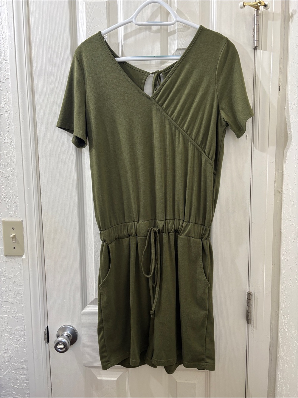 Olive Green Short-Sleeve Drawstring Romper, will also fit a medium